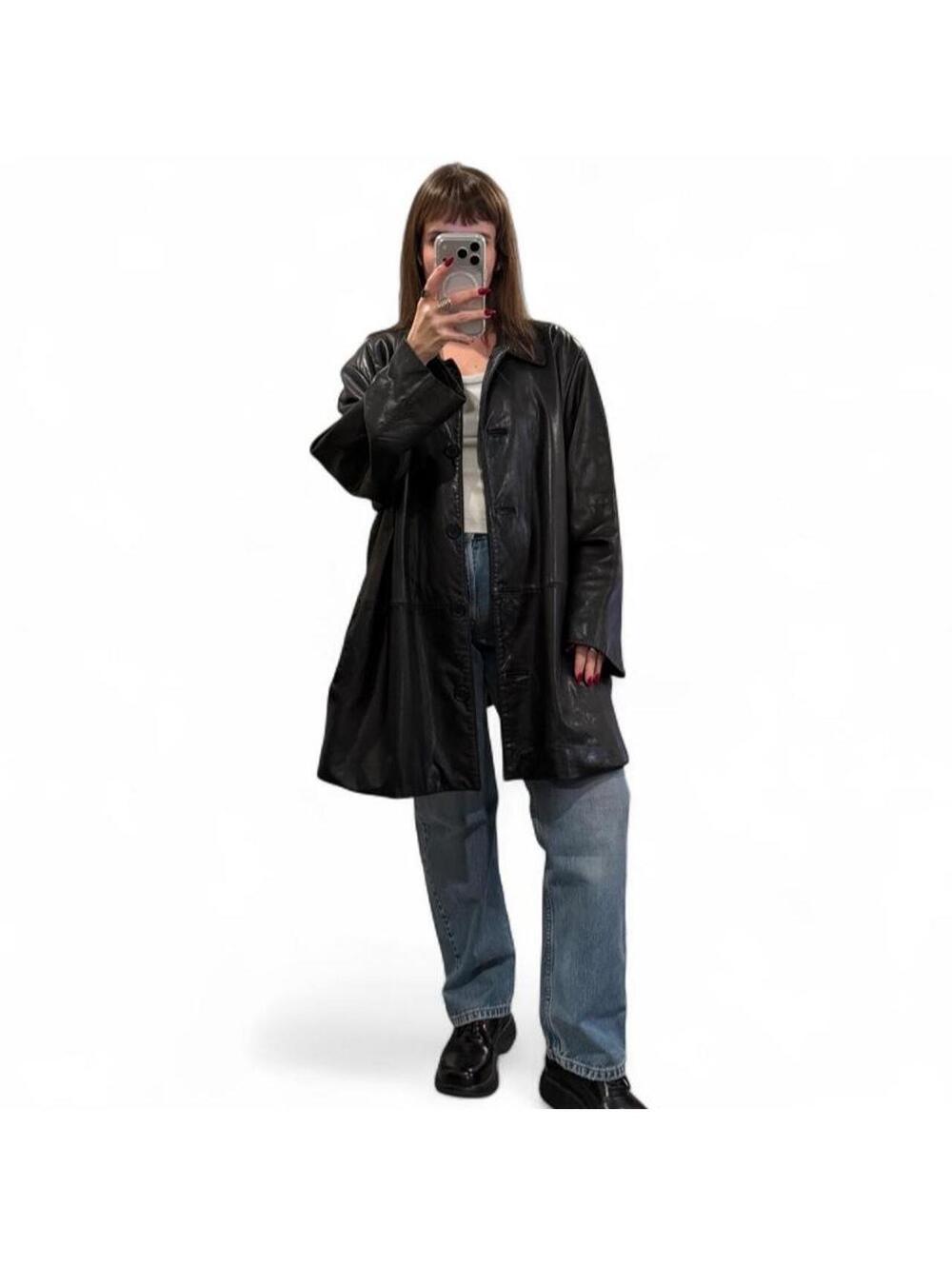 Vintage 90s Black Leather Car Coat